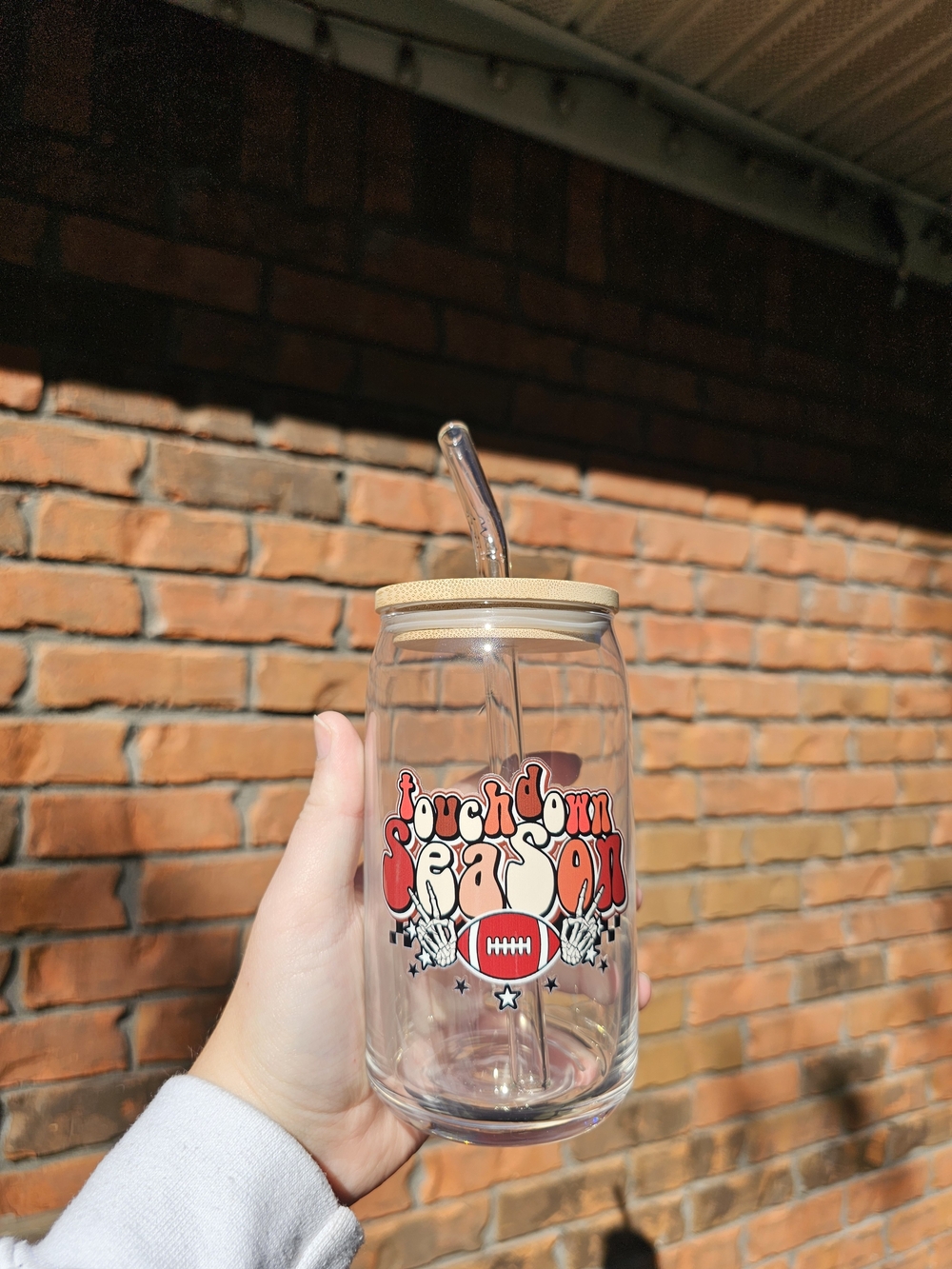 Clear Glass Tumbler with Straw - Touchdown Season Football Design, Red